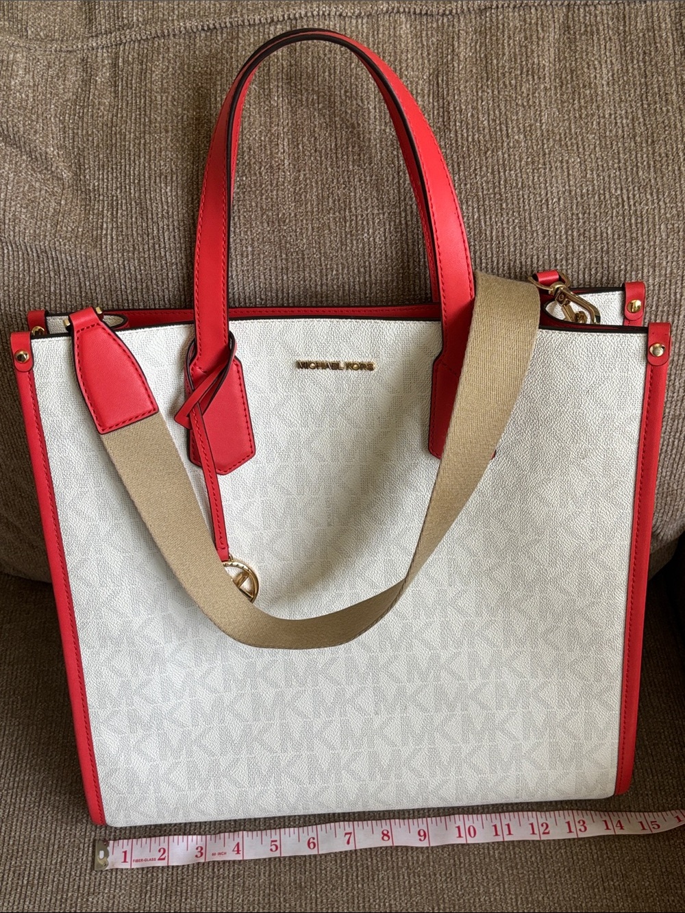 Michael Kors White and Red Structured Tote with Canvas Strap